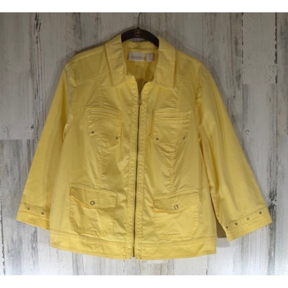Chicos Summer Rib Inset Jacket Size 2 Large Yellow 3/4 Sleeve Zip Up READ